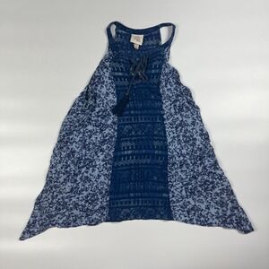 Knox Rose Tunic Top Womens 1 Blue Floral Keyhole Tie Tassel Front Shark Bite Hem